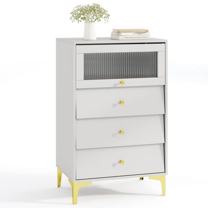 Giantex 3 Drawer Dresser, Modern Storage Cabinet w/Flip Up Fluted Glass Door & Pull-Out Drawers - 1 - Image 1