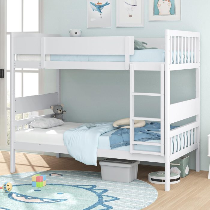 Giantex Wood Bunk Bed Twin Over Twin, Solid Wood Bunk Bed Frame with Ladder & Safety Guardrails - White - Image 1