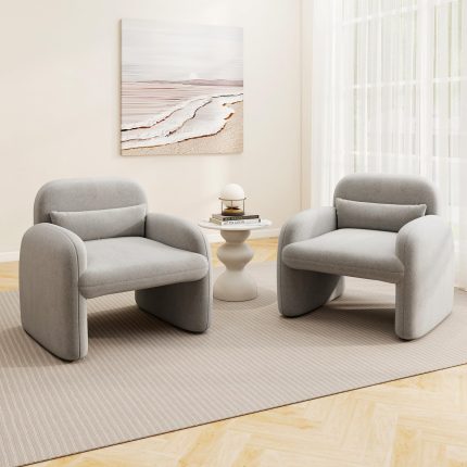 Giantex Modern Accent Chair for Living Room, Sherpa Fabric Upholstered Armchair w/Waist Pillow, Comfy Reading Chair w/Armrests - Gray 2