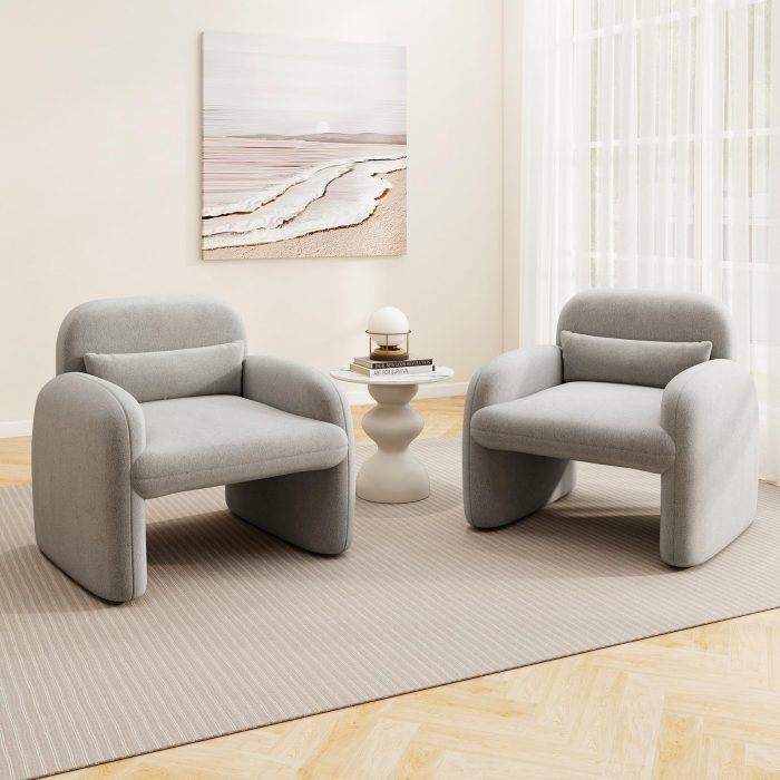 Giantex Modern Accent Chair for Living Room, Sherpa Fabric Upholstered Armchair w/Waist Pillow, Comfy Reading Chair w/Armrests - Gray 2 - Image 1