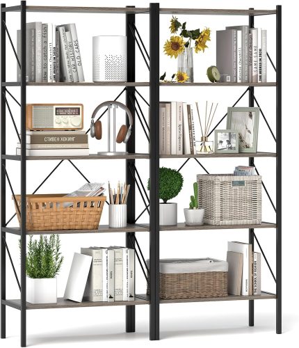 Giantex 5-Tier Bookshelf, Industrial Tall Bookcase with Open Storage Shelves & Heavy Duty Metal Frame - Oak 2