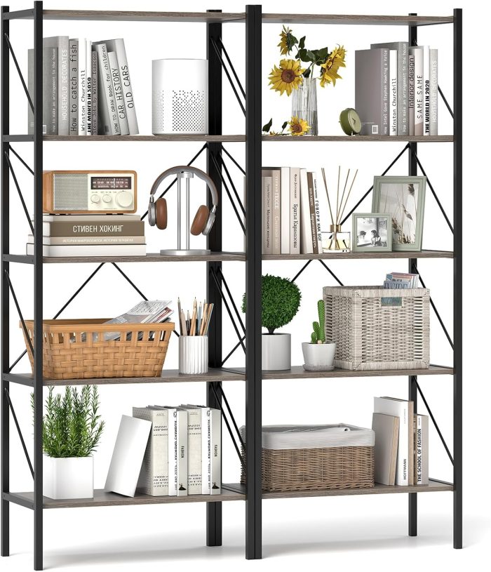 Giantex 5-Tier Bookshelf, Industrial Tall Bookcase with Open Storage Shelves & Heavy Duty Metal Frame - Oak 2 - Image 1