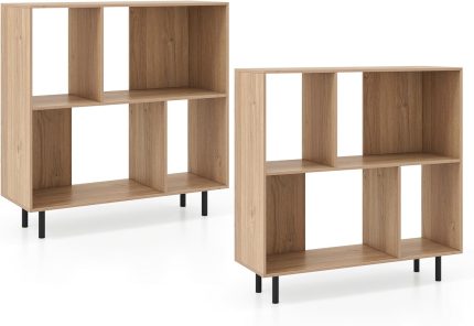 Giantex 3-Tier Bookcase, Modern Cube Bookshelf with 4 Compartments & Metal Legs, Minimalist Freestanding Storage Organizer - 2 Natural