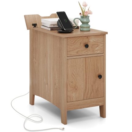 Giantex Nightstand with Charging Station, Flip Top End Table w/USB Ports & Outlets, Modern Side Table w/Storage Drawer - Oak 1