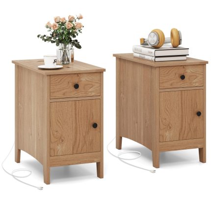 Giantex Nightstand with Charging Station, Flip Top End Table w/USB Ports & Outlets, Modern Side Table w/Storage Drawer - Oak 2