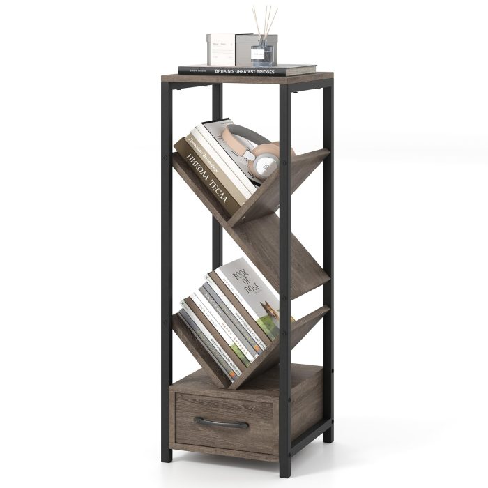 Giantex Tree Bookshelf with Drawer, 4-Tier Narrow Bookcase with Metal Frame, Tall Floor Standing Storage Organizer for Small Space - 1 - Image 1