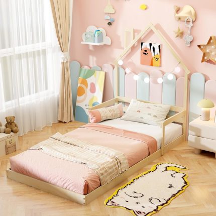 Giantex Twin Floor Bed for Kids, Wood Montessori Floor Bed with Chimney Headboard & Handrail - Natural