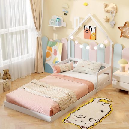 Giantex Twin Floor Bed for Kids, Wood Montessori Floor Bed with Chimney Headboard & Handrail - White