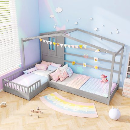 Giantex Double Twin Beds for Kids, House L-Shaped Platform Beds with Window & Fences - Grey