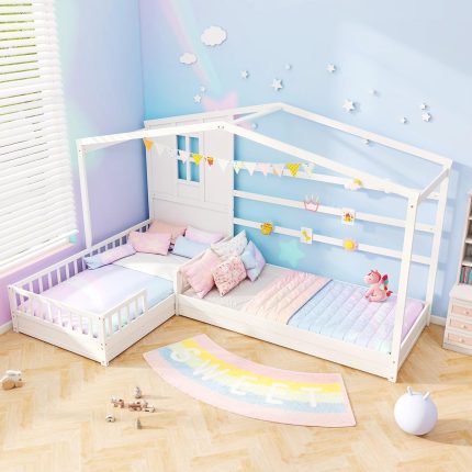 Giantex Double Twin Beds for Kids, House L-Shaped Platform Beds with Window & Fences - White