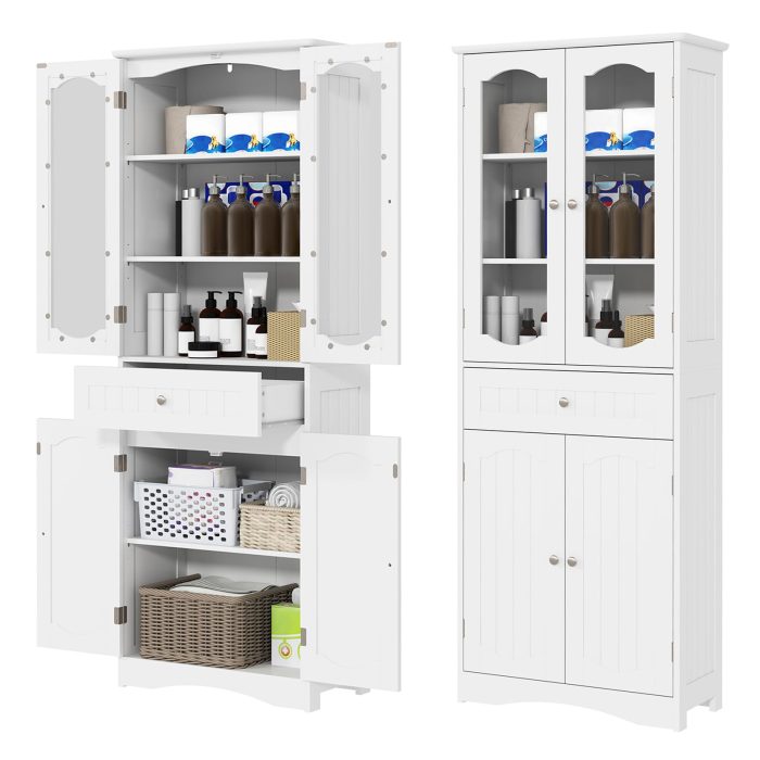 Giantex 63" Tall Bathroom Cabinet, Pantry Cabinet with Tempered Glass Doors, Adjustable Shelves & Large Drawer - White - Image 1