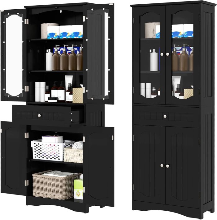 Giantex 63" Tall Bathroom Cabinet, Pantry Cabinet with Tempered Glass Doors, Adjustable Shelves & Large Drawer - Black - Image 1