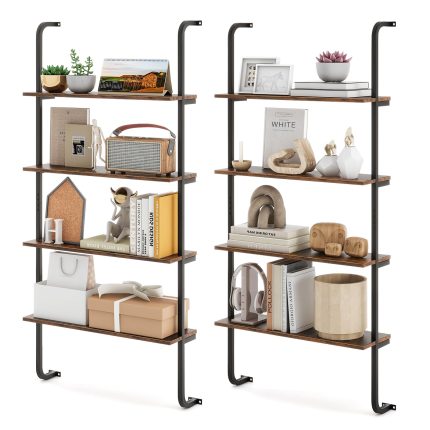 Giantex 4-Tier Industrial Bookshelf, Wall Mounted Pipe Shelving Unit, Floating Shelves with Metal Frame - Rustic Brown 2
