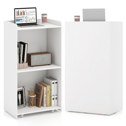 Giantex Portable Podium Stand, Lectern Podium with 2 Storage Shelves, 4 Universal Wheels, Mobile Speaking Podium Hostess Stand Pulpits - White 2 Pack