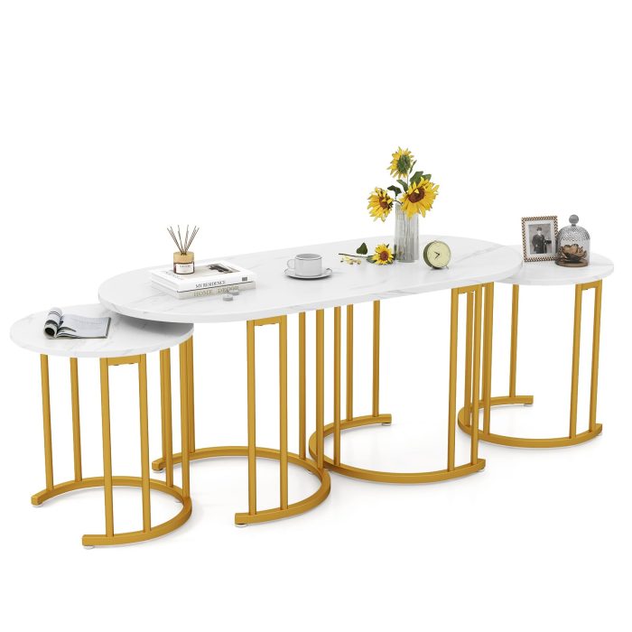 Giantex Nesting Coffee Table Set of 3, Stacking Side Tables with Faux Marble Tabletop & Gold Metal Frame - Image 1
