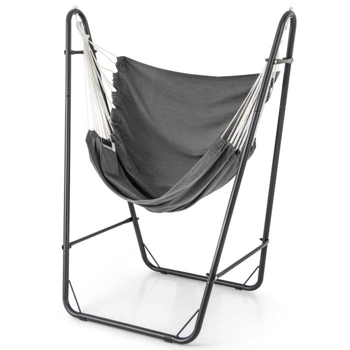 Giantex Hammock Chair with Stand - Swing Chair with Heavy Duty Metal Frame, Storage Side Pocket, Grey - Image 1