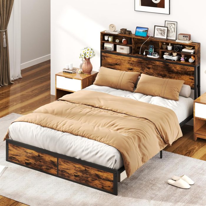 Giantex Bed Frame with Storage Headboard and Charging Station, Industrial Metal Platform Bed - Queen - Image 1