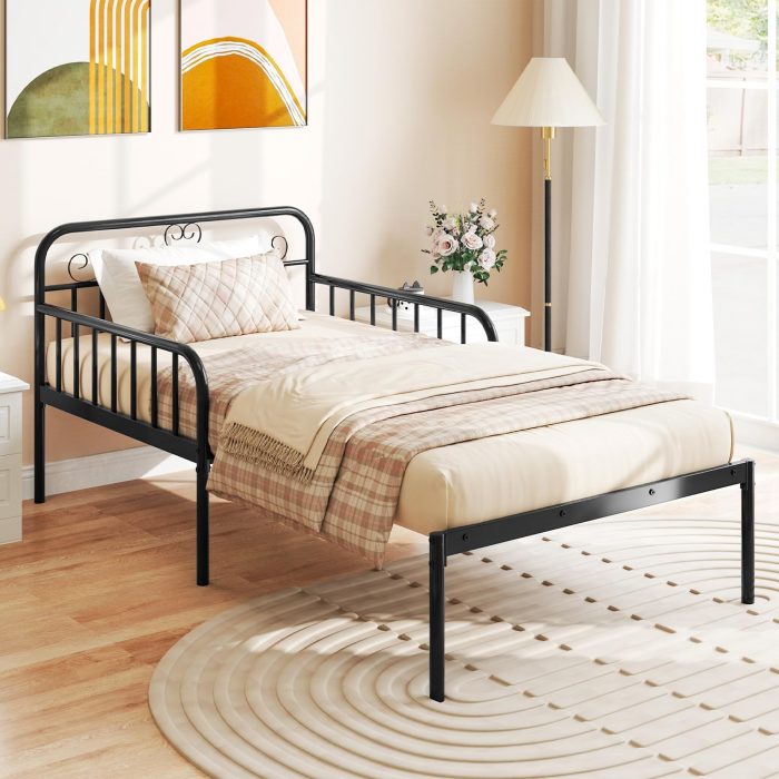 Giantex Metal Twin Bed Frame, Convertible Sofa Bed with Headboard & Armrests, Pull-Out Sleeper Chair Bed - Black - Image 1