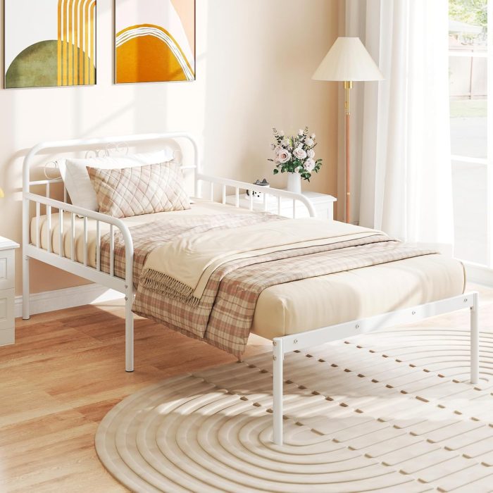 Giantex Metal Twin Bed Frame, Convertible Sofa Bed with Headboard & Armrests, Pull-Out Sleeper Chair Bed - White - Image 1