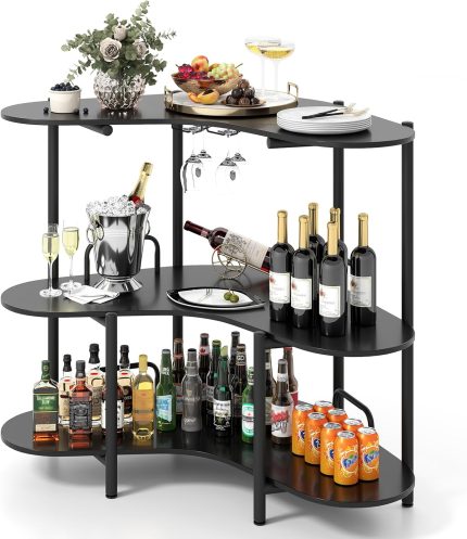 Giantex 3-Tier Bar Table, Corner Bar Cabinet, Liquor Home Bar Unit with Stemware Racks & Storage Shelves - Black
