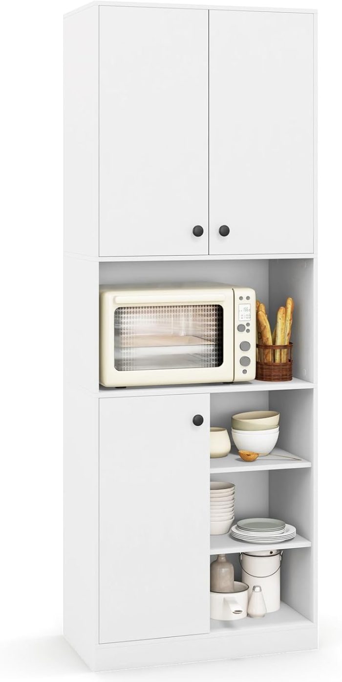 Giantex Pantry Organizers and Storage, 65.5" Tall Pantry Cabinet with Buffet Hutch, Microwave Countertop - White - Image 1