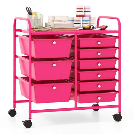Giantex 9 Drawers Rolling Cart, Classroom Organizers, Storage Cart with Wheels - Hot Pink