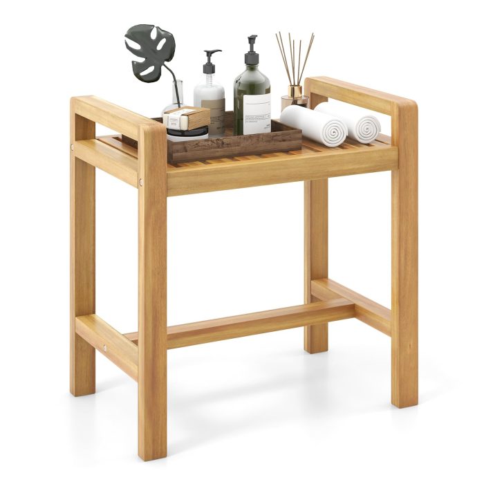 Giantex Teak Wood Shower Bench - 20" Waterproof Shower Stool with Handles and Slatted Seat for Inside Shower - Image 1