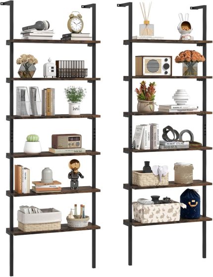 Giantex 6-Tier Ladder Shelf, 72" Wall Mounted Bookshelf with Metal Frame, Industrial Open Storage Shelves - 2 Rustic Brown