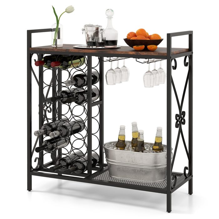 Giantex Wine Bar Table with 6 Glass Wine Glass Holder - Rustic Brown - Image 1
