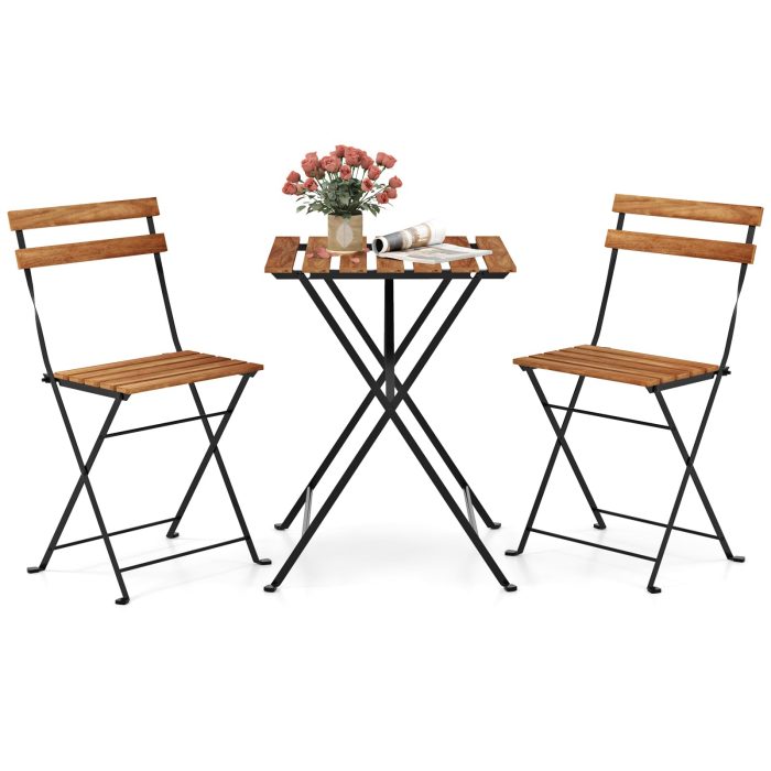Giantex 3-Piece Acacia Wood Bistro Set with 2 Folding Chairs, Slatted Seat & Tabletop - Brown - Image 1