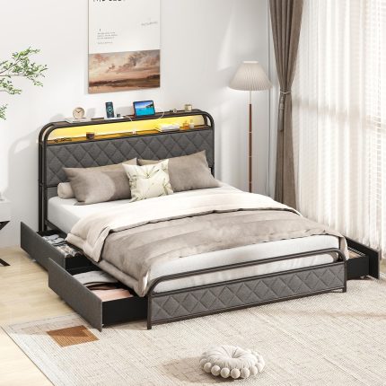 Giantex Bed Frame with 4 Storage Drawers and Charging Station - Black & Grey Queen