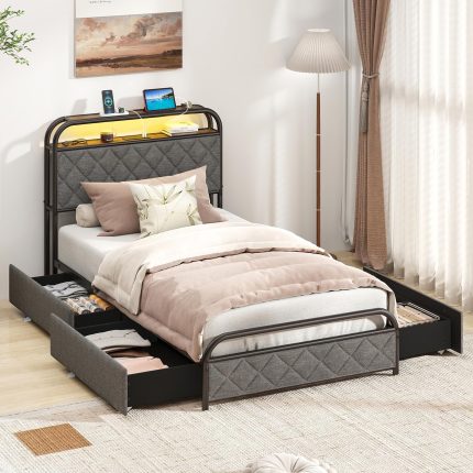 Giantex Bed Frame with 4 Storage Drawers and Charging Station - Black & Grey Full