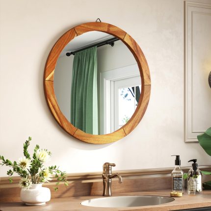 Farmhouse Wall Mirror Round Mirror with Solid Acacia Wood Frame