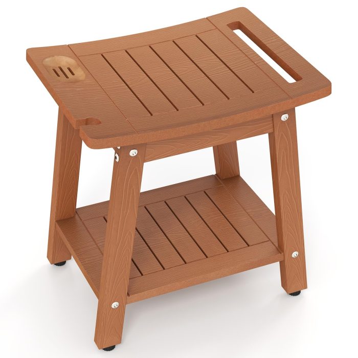 Giantex Shower Bench HIPS Waterproof Bath Spa Seat with Storage Shelf - Brown - Image 1