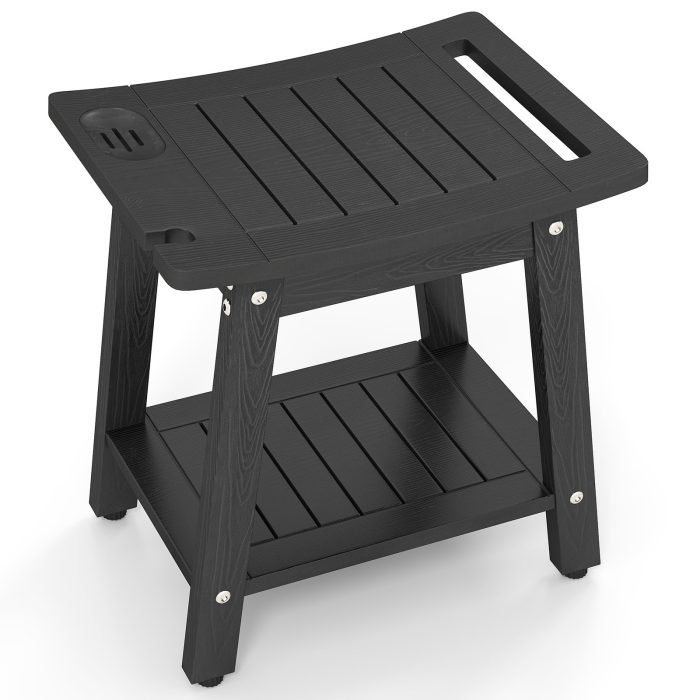 Giantex Shower Bench HIPS Waterproof Bath Spa Seat with Storage Shelf - Black - Image 1