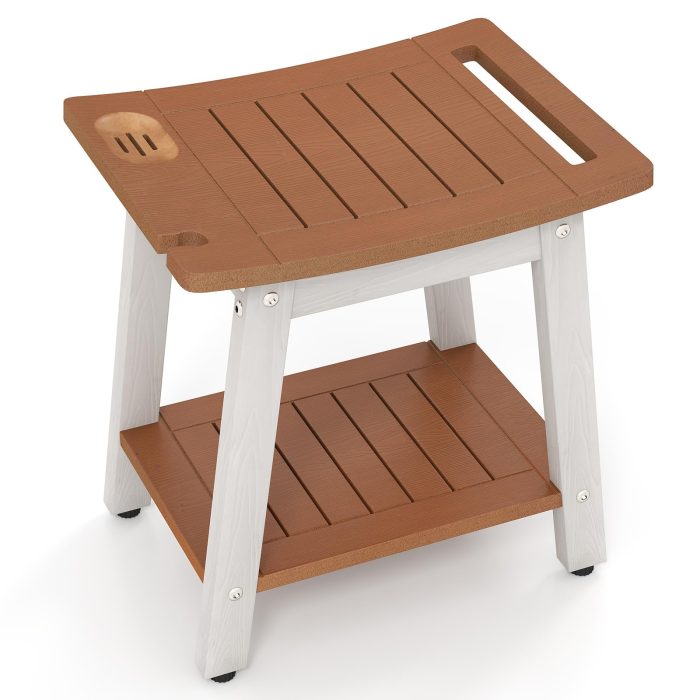 Giantex Shower Bench HIPS Waterproof Bath Spa Seat with Storage Shelf - Brown & White - Image 1