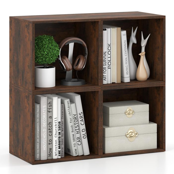 Giantex White Cubby Bookcase - 4-Cube Rustic Brown - Image 1