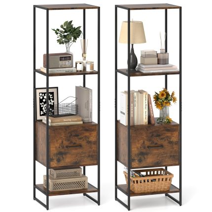 Giantex Bookshelf with Drawer - 2 Rustic Brown+black