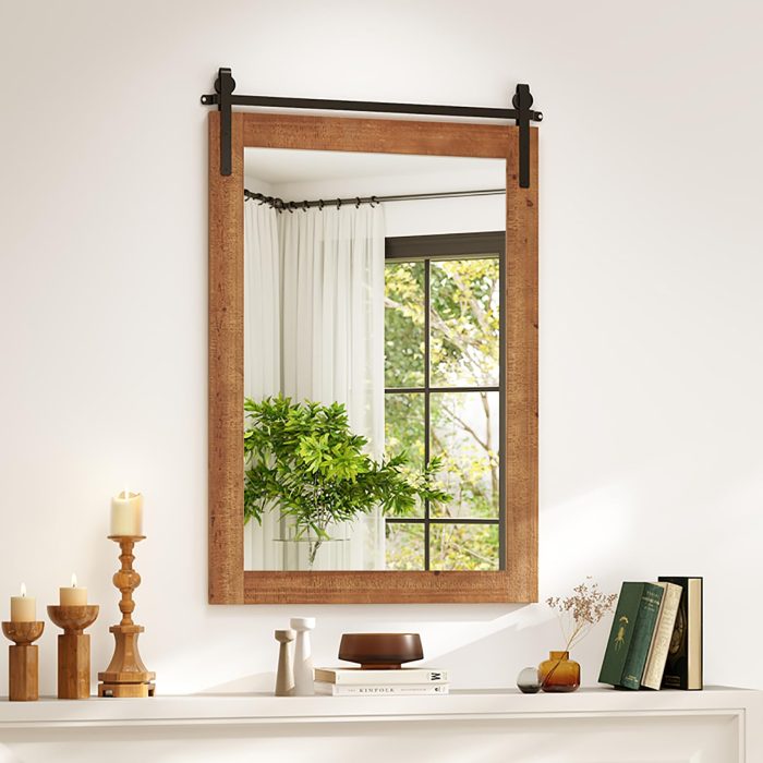 CHARMAID Farmhouse Wall Mirror - Rustic Brown 36"L x 24"W - Image 1