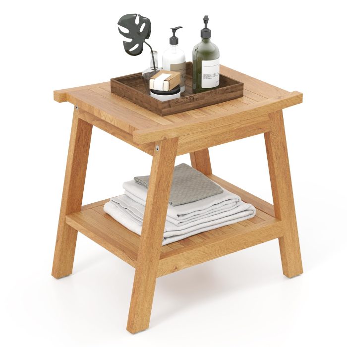 Giantex Teak Shower Bench with Shelf - Image 1
