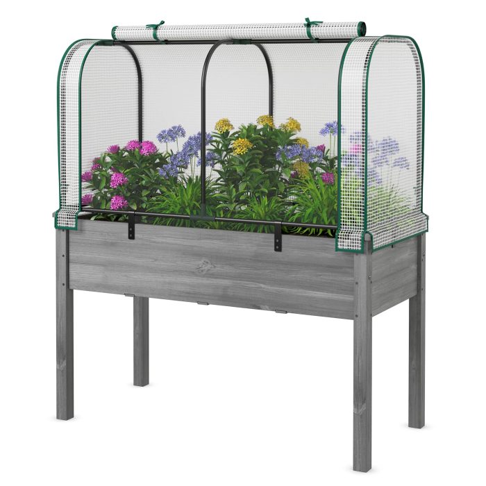 Giantex Raised Garden Bed with Cover - White+Gray - Image 1