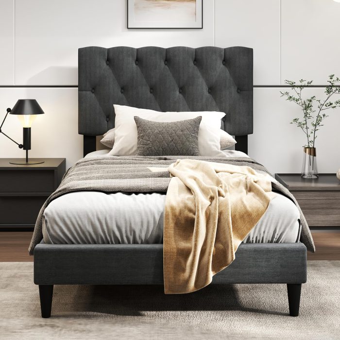 Modern Upholstered Platform Bed Frame with Diamond Tufting Headboard - Twin - Image 1