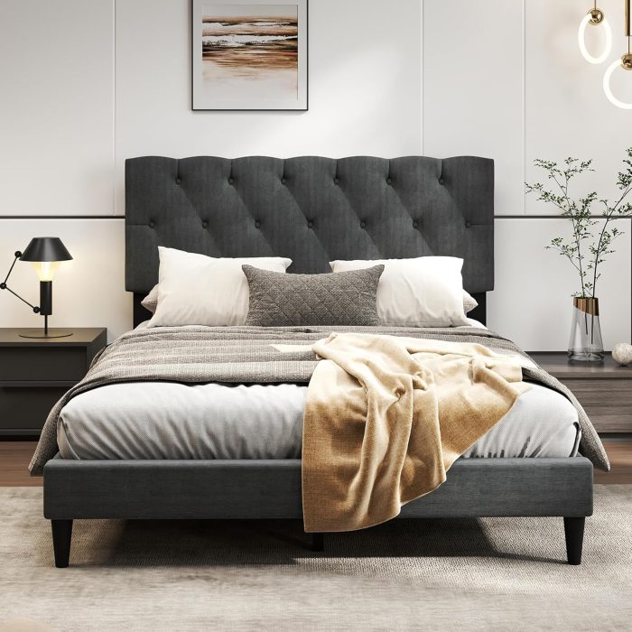 Modern Upholstered Platform Bed Frame with Diamond Tufting Headboard - Full - Image 1