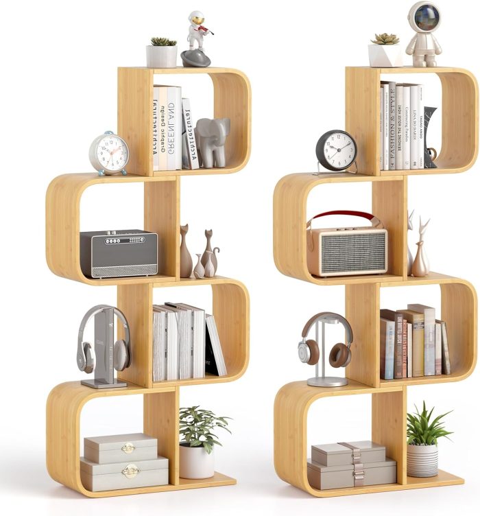 Giantex 4-Tier S-Shaped Bamboo Bookshelf with 4 Open Cubes - 2 - Image 1