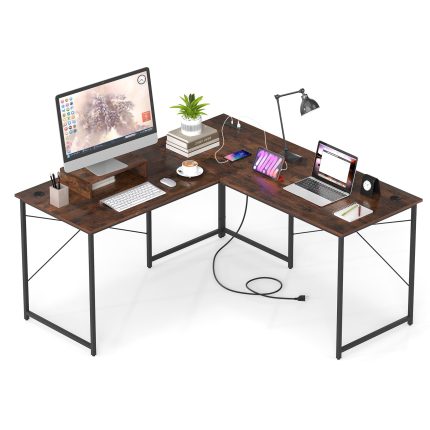 59 Inch Reversible Corner Desk with Power Outlet and USB Ports & Monitor Stand - Rustic Brown