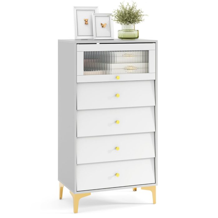 Giantex 4-Drawer Dresser with Flip Up Fluted Glass Door - 1 - Image 1