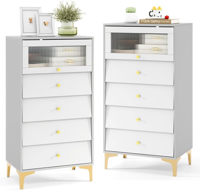 Giantex 4-Drawer Dresser with Flip Up Fluted Glass Door - 2 - Image 1