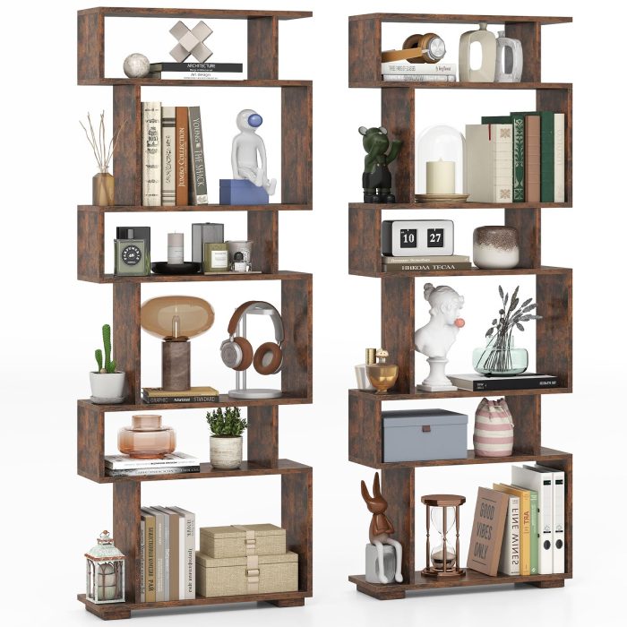 Giantex S Shaped Bookcase with 2 Anti Tipping Kits - 2 Rustic Brown - Image 1