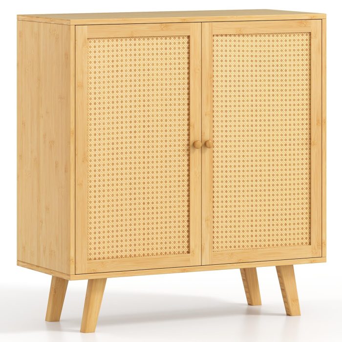 Giantex 2 Tier Bamboo Sideboard with PE Rattan Decorated Doors - 1 - Image 1