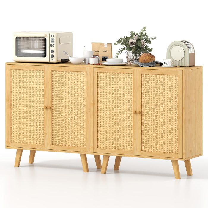 Giantex 2 Tier Bamboo Sideboard with PE Rattan Decorated Doors - 2 - Image 1